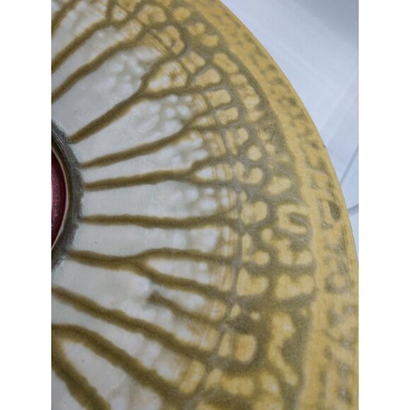 Handcrafted Ceramic Bowl With Intricate Yellow/White Pattern And Deep Red Center - Picture 4 of 9